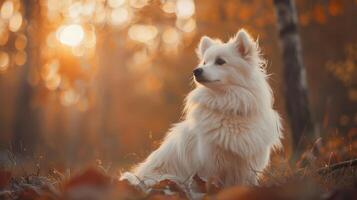 majestic-white-dog-sitting-gracefully-amidst-golden-autumn-foliage-in-a-serene-forest-setting-photo